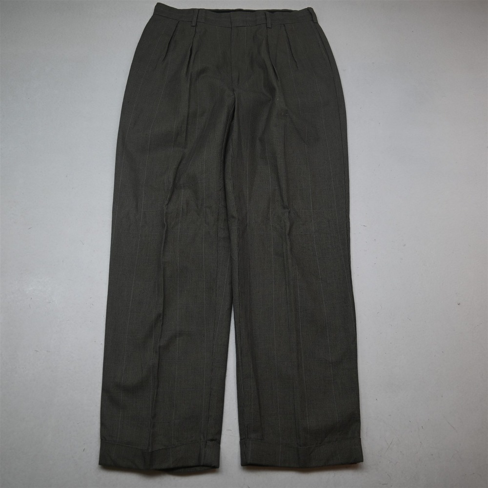 Vtg Y2K 2000s Tommy Hilfiger 32x30 Gray Check 100% Cotton Pleated Cuffed Pants
